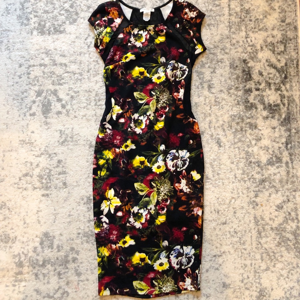 Floral form fitting formal dress below knee